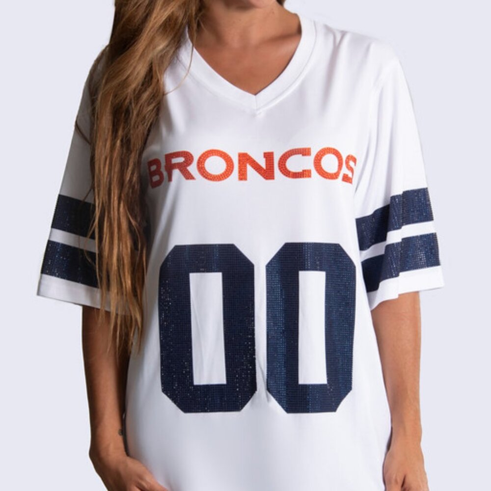NFL Licensed White Tunic Crystal Pullover Jersey--Denver Broncos